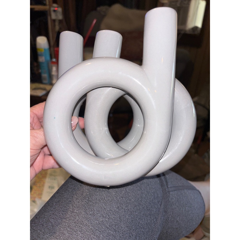 Modern Abstract Gray Ceramic Interlocking Triple Loop Bud Vase Sculptural Decor